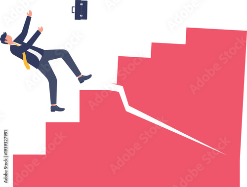 Businessman Falling from Broken Success Stairs