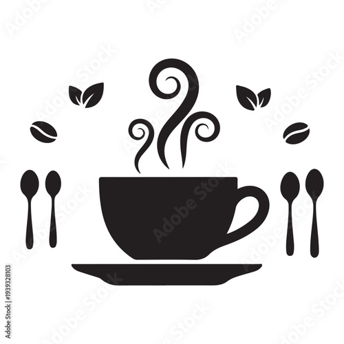 Black silhouette of a steaming cup of coffee with utensils and coffee beans