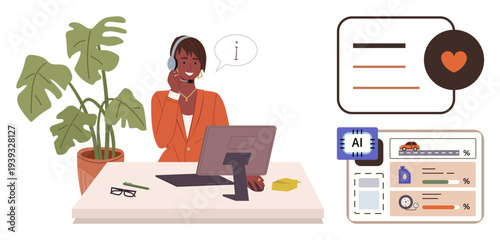 Customer service, AI support, remote assistance, data analysis, business communication, technology integration. Professional helping clients at desk with AI tools. Customer service and AI support