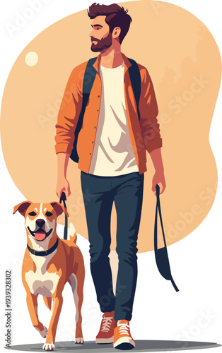 uomo o ragazzo  mentre porta a passeggio il cane vettoriale