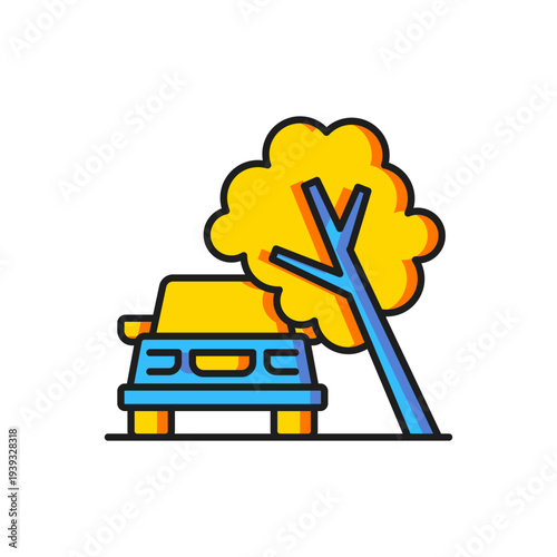 Color Car damaged by fallen tree icon isolated on white background. Auto insurance case. Car crash with tree, road accident. Flat filled outline style with shadow. Vector