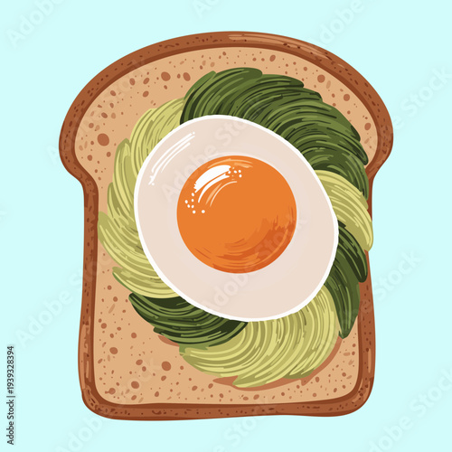 Healthy avocado toast topped with fried egg and sprinkle of pepper on square plate - Vector Illustration