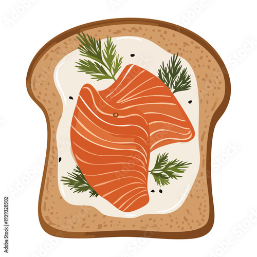 Smoked fish slices on toast with creamy spread and fresh herb sprig garnish - Vector Illustration