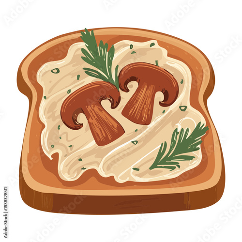 Mushroom toast with creamy sauce and fresh green herbs for savory vegetarian snack - Vector Illustration