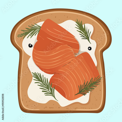 Thick salmon fillet on toast with cream and herb garnish for healthy lunch - Vector Illustration