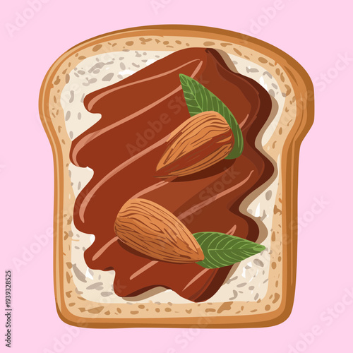 Dark chocolate nut spread on toast with almond garnish for sweet breakfast - Vector Illustration