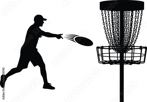 Disc golf player silhouette throwing flying disc into basket target, outdoor sport activity vector illustration isolated on white background