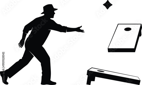 Silhouette man playing cornhole, tossing bean bag toward wooden board, outdoor lawn game recreation, competition activity, isolated vector style illustration