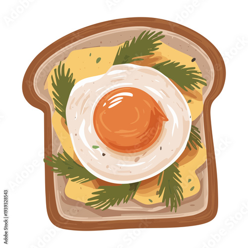 Classic fried egg on toast with fresh green herb garnish for breakfast - Vector Illustration