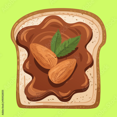 Creamy almond butter toast with fresh green herb garnish for healthy snack - Vector Illustration