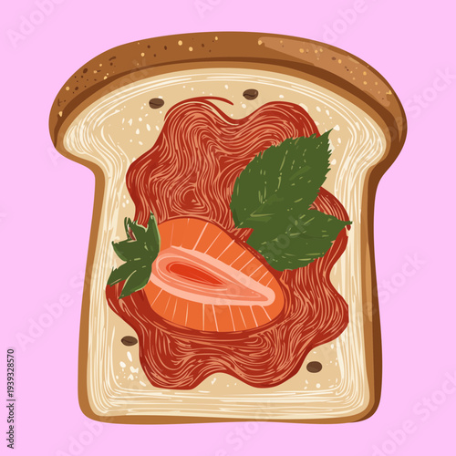 Fresh strawberry halves on sweet red jam toast for double berry flavor - Vector Illustration