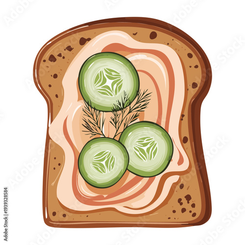 Fresh cucumber slices on creamy cheese toast with dill herb for snack - Vector Illustration