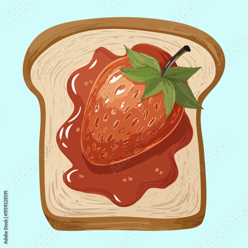 Fresh whole strawberry on sweet red jam toast with green herb garnish - Vector Illustration