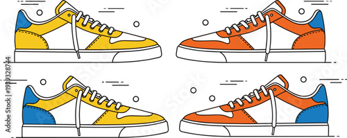 Colorful sneaker shoes illustration set, casual sport footwear icons, trendy street style sneakers isolated vector design collection