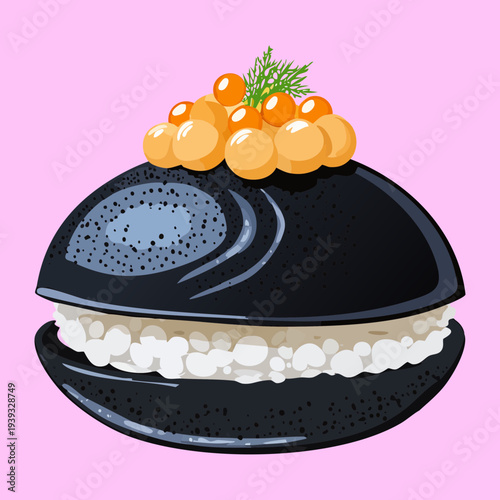 Black pastry sandwich with cream and orange caviar garnish for elegant party - Vector Illustration