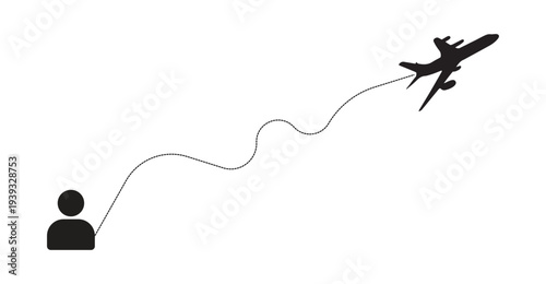 airplane departure, travel concept, flight path, user icon, aviation journey, route illustration, isolated airplane silhouette, travel planning, vacation start, trip route diagram