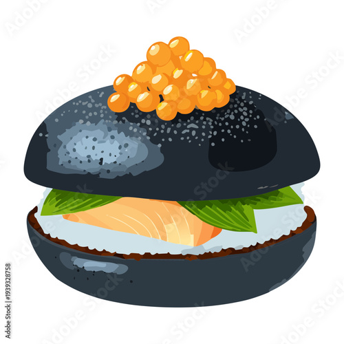 Charcoal bun burger with salmon and orange caviar for luxury seafood - Vector Illustration