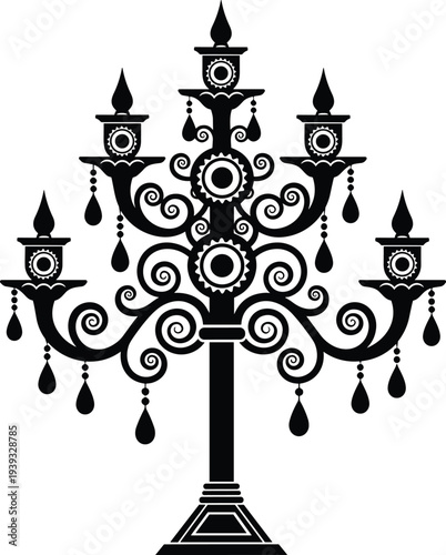 Ornate candelabra silhouette with candles, vintage decorative candle holder, elegant baroque style lighting ornament isolated vector illustration design