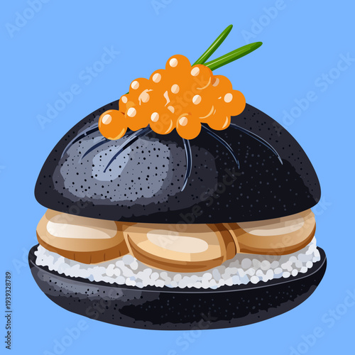 Mini charcoal burger with orange caviar and cream cheese on blue background - Vector Illustration