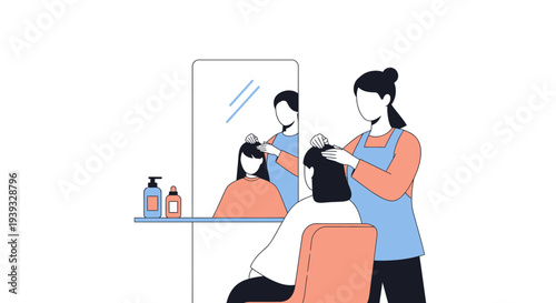 Woman receiving haircut from stylist in salon.