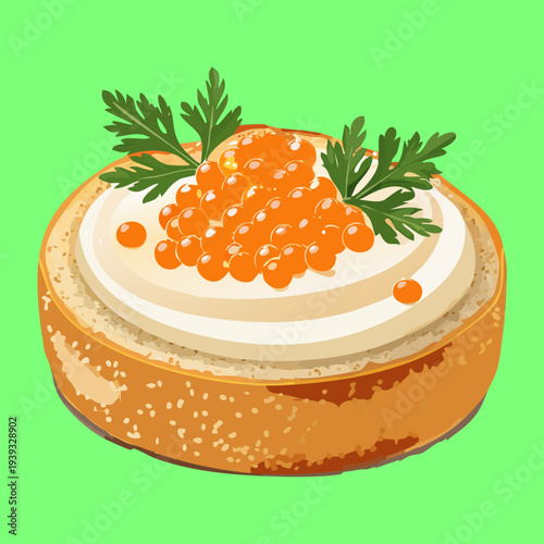Gourmet round toast topped with orange caviar and cream cheese garnish with fresh dill and herbs for appetizer menu - Vector Illustration