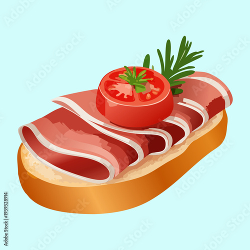 Elegant ham appetizer on crusty bread garnished with tomato and parsley for restaurant menu and digital design projects - Vector Illustration