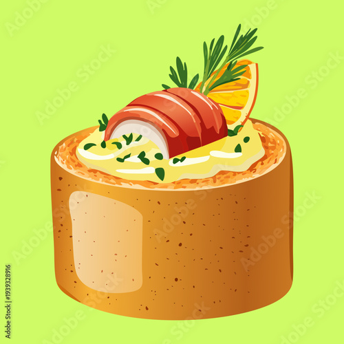 Mini bread cup filled with succulent shrimp and citrus garnish with fresh dill for sophisticated seafood snack menu - Vector Illustration