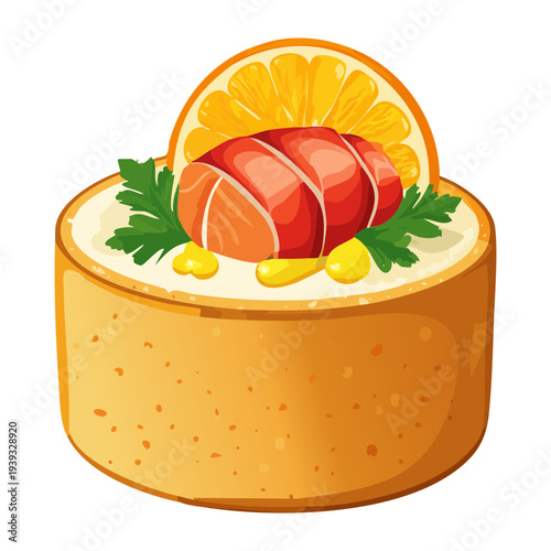Delicious savory tartlet topped with shrimp and orange wedge with green herbs for tropical seafood appetizer and catering - Vector Illustration
