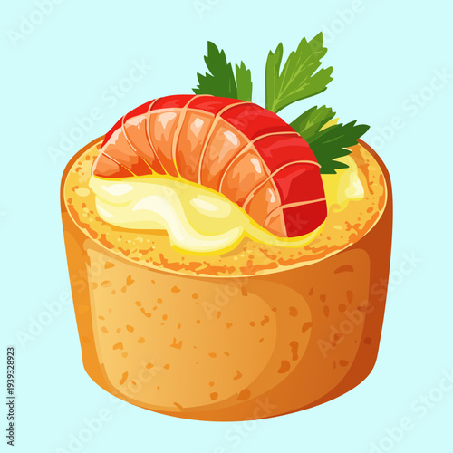 Golden pastry bite with seafood topping and lemon garnish for upscale cocktail party appetizers and restaurant menu cards - Vector Illustration