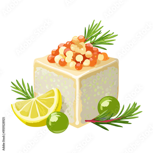 Mini savory pastry with white cheese topping and green olive garnish for mediterranean appetizer and party snack tray - Vector Illustration