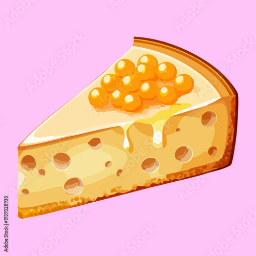 Wedge of cheese cake topped with orange caviar pearls for unique gourmet dessert or savory fusion appetizer - Vector Illustration