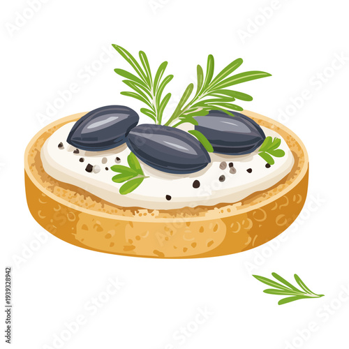 Round toasted bread with black olives and herb garnish for simple mediterranean appetizer and healthy snack option - Vector Illustration