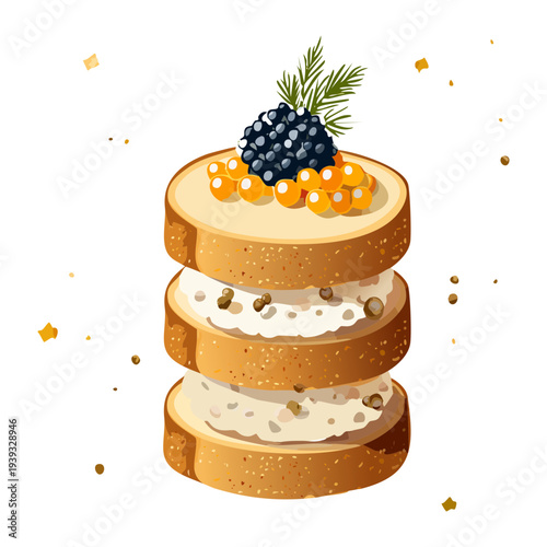 Multi layered round stack with cream cheese and dark caviar topping for sophisticated party snack and appetizer - Vector Illustration