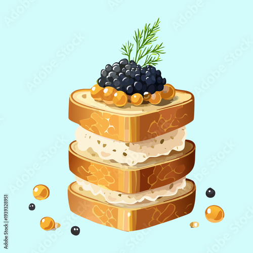Elegant tower of savory pancakes with cream and black berry topping for fancy breakfast or appetizer display - Vector Illustration