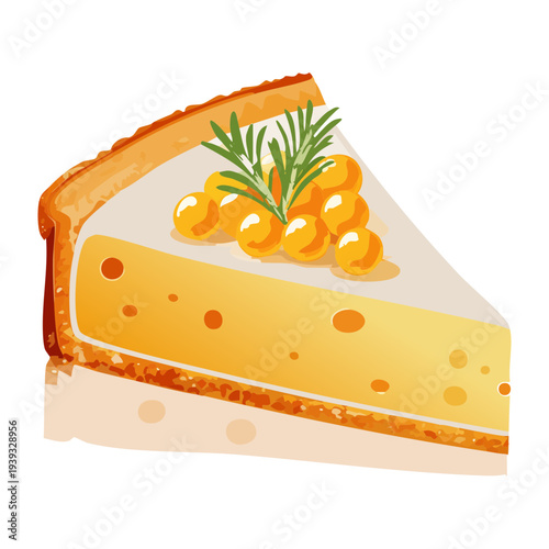 Slice of savory pie topped with orange fish roe and dill garnish for festive holiday appetizer and catering - Vector Illustration