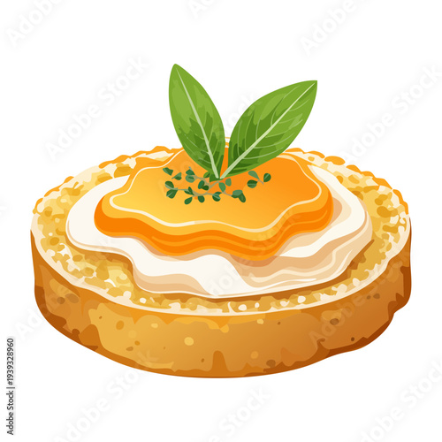 Round biscuit topped with yellow orange spread and green herb leaves for simple and tasty tea time snack - Vector Illustration