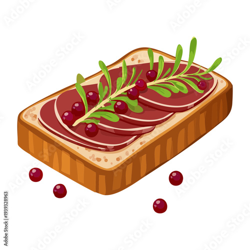 Whole grain toast with ham slices and red berry topping for savory and sweet fusion snack or brunch - Vector Illustration