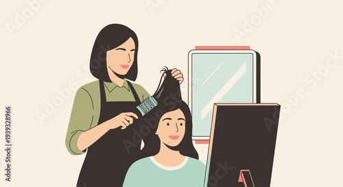 Hairdresser styling a woman's hair with a comb and hairdryer.