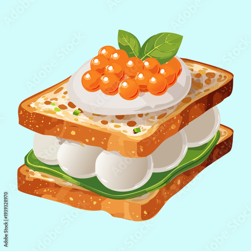Square sandwich with multiple layers of cream and green garnish topped with orange caviar for gourmet catering - Vector Illustration