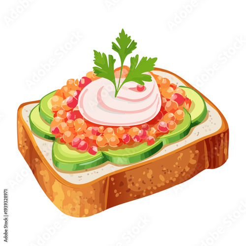 Toasted bread slice with cream spread and pink seafood topping garnished with fresh dill for light lunch - Vector Illustration