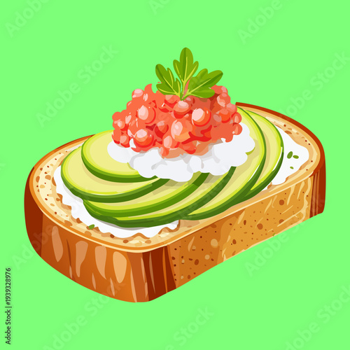 Healthy avocado toast on whole grain bread topped with salmon roe and herb garnish for nutritious breakfast - Vector Illustration