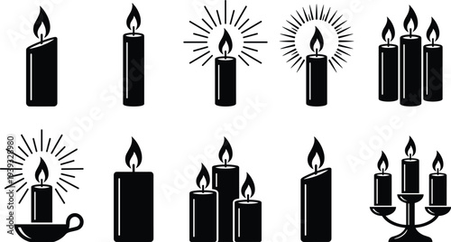 Candle flame icon collection, burning wax candles silhouettes, decorative candlelight symbols set isolated on white background vector illustration pack