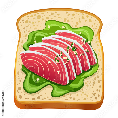 Slice of bread with green spread and thin meat slices topped with herb garnish for savory meat snack - Vector Illustration
