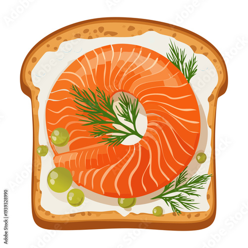 Round bread slice with smoked salmon and herb garnish for elegant seafood appetizer and party catering services - Vector Illustration