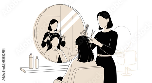 Woman getting haircut by stylist in salon.