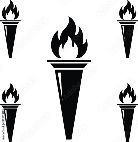 Minimalist torch flame icon set, black torch symbol collection, burning fire torch vector illustration isolated on white background, freedom knowledge emblem