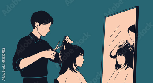 Man cutting woman's hair in a salon, reflection in mirror.