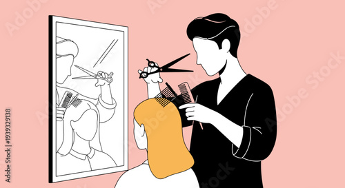Illustration of a hairdresser styling a woman's hair while looking at a drawing.