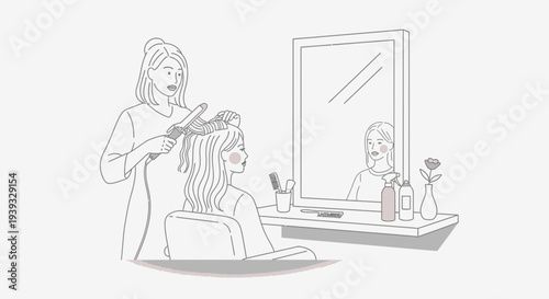 Woman getting her hair styled by a hairdresser in a salon.