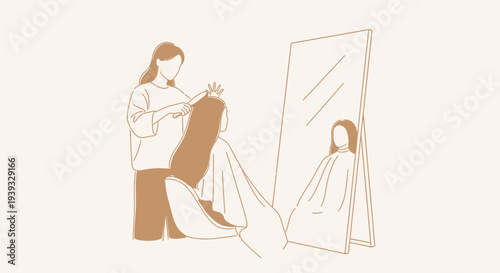 Woman getting a haircut in a salon with a mirror reflection.